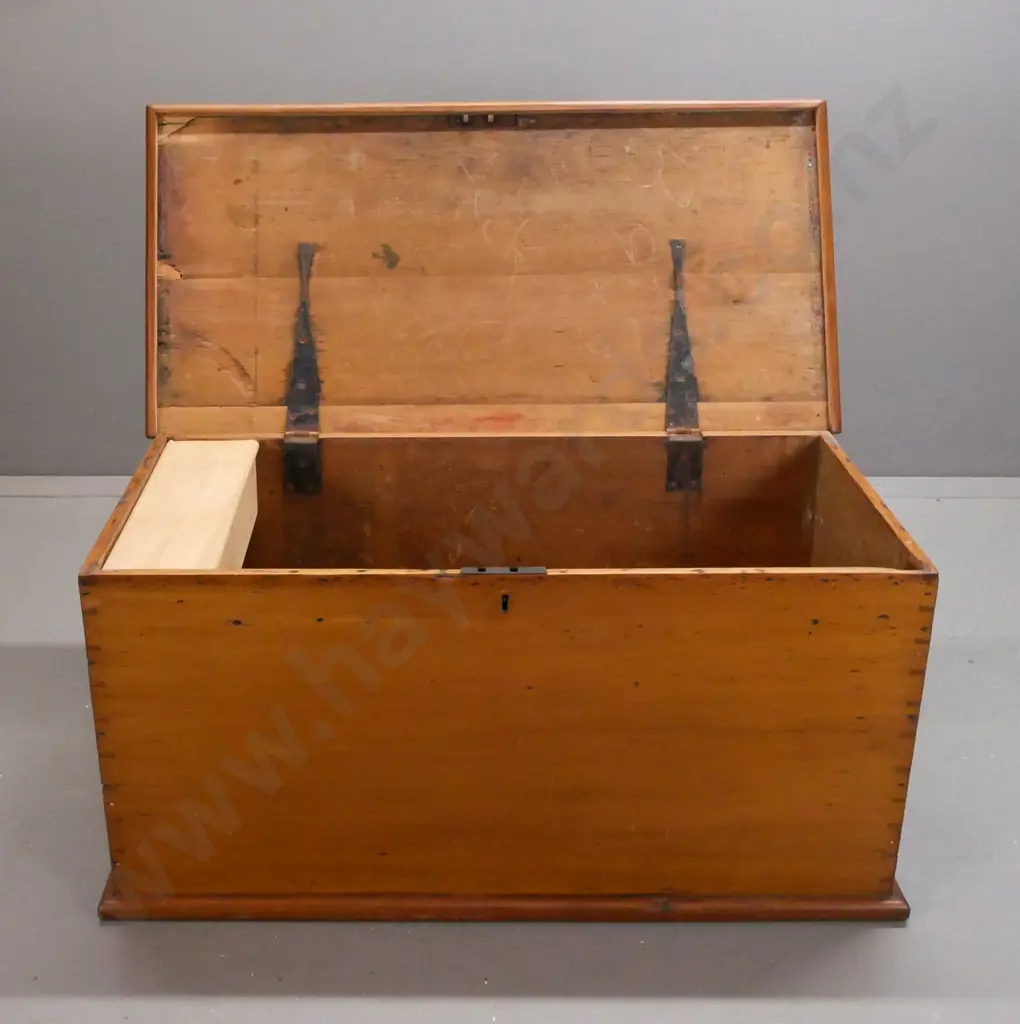 Victorian Baltic pine trunk w/ metal carrying handles, strap hinges, original lock and working key, replacement Image 1++