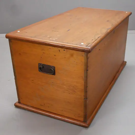 Victorian Baltic pine trunk w/ metal carrying handles, strap hinges, original lock and working key, replacement