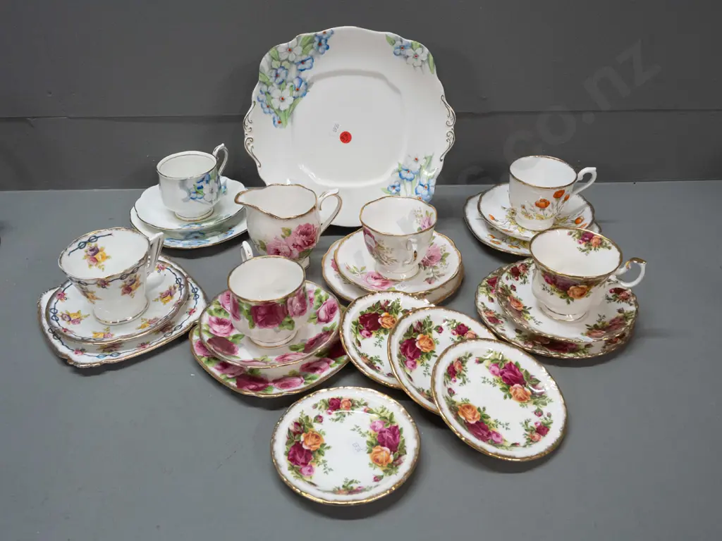 assorted patterns Royal Albert china - 6 trios, cake plate, cream jug, 4 small dishes Image 1++