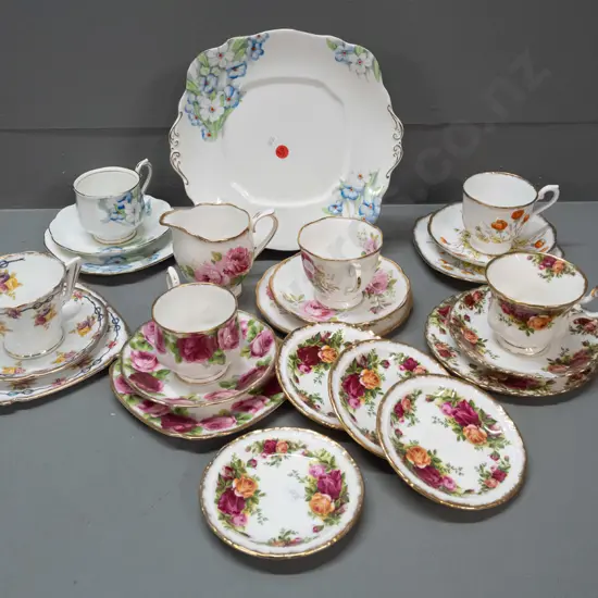 assorted patterns Royal Albert china - 6 trios, cake plate, cream jug, 4 small dishes