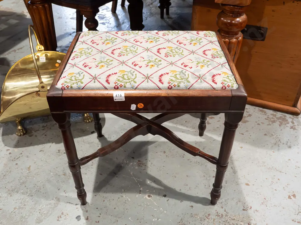 mahogany William IV cross stretcher based tapestry top stool H475 W465 D360 Image 1++