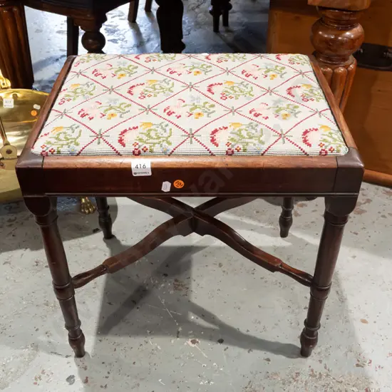 mahogany William IV cross stretcher based tapestry top stool H475 W465 D360