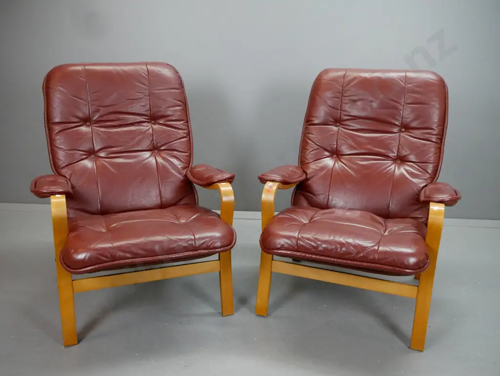 pair of retro Danish style bent beech framed armchairs with buttoned leather backs and arm pads - minor wear to arms Image 1++