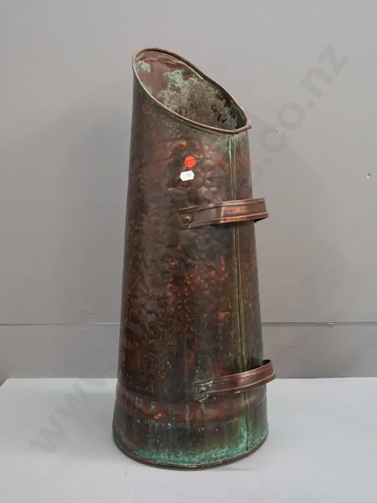 vintage hand-beaten copper coal scuttle with 2 handles - some denting & discolouration H-580 D-240 at base Image 1++