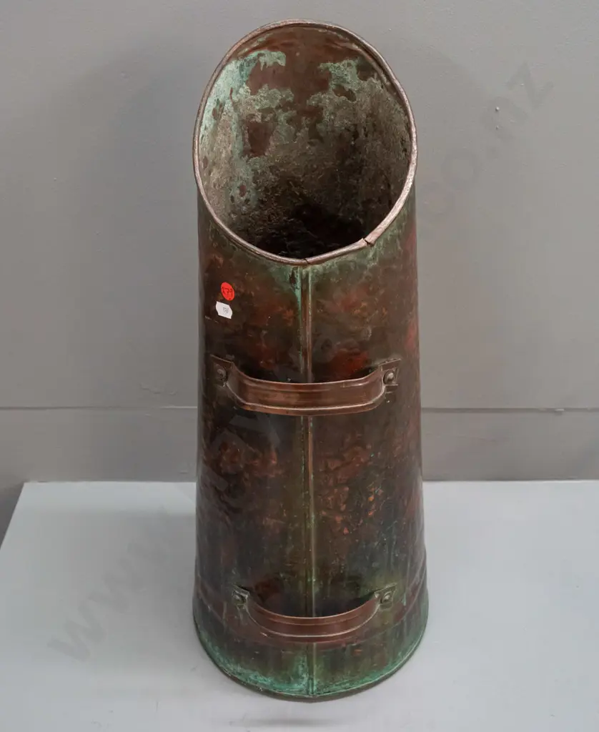 vintage hand-beaten copper coal scuttle with 2 handles - some denting & discolouration H-580 D-240 at base Image 1++