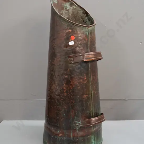 vintage hand-beaten copper coal scuttle with 2 handles - some denting & discolouration H-580 D-240 at base