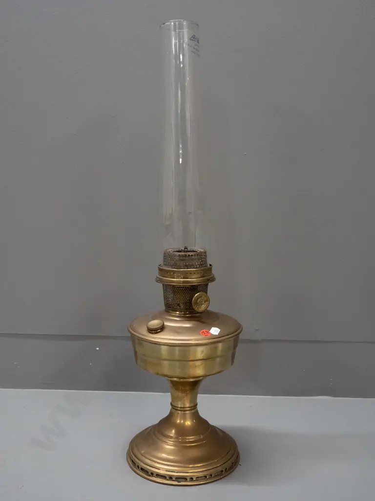 vintage polished brass kerosene table lamp - base and chimney marked Aladdin - base marked Made in Australia Image 1++