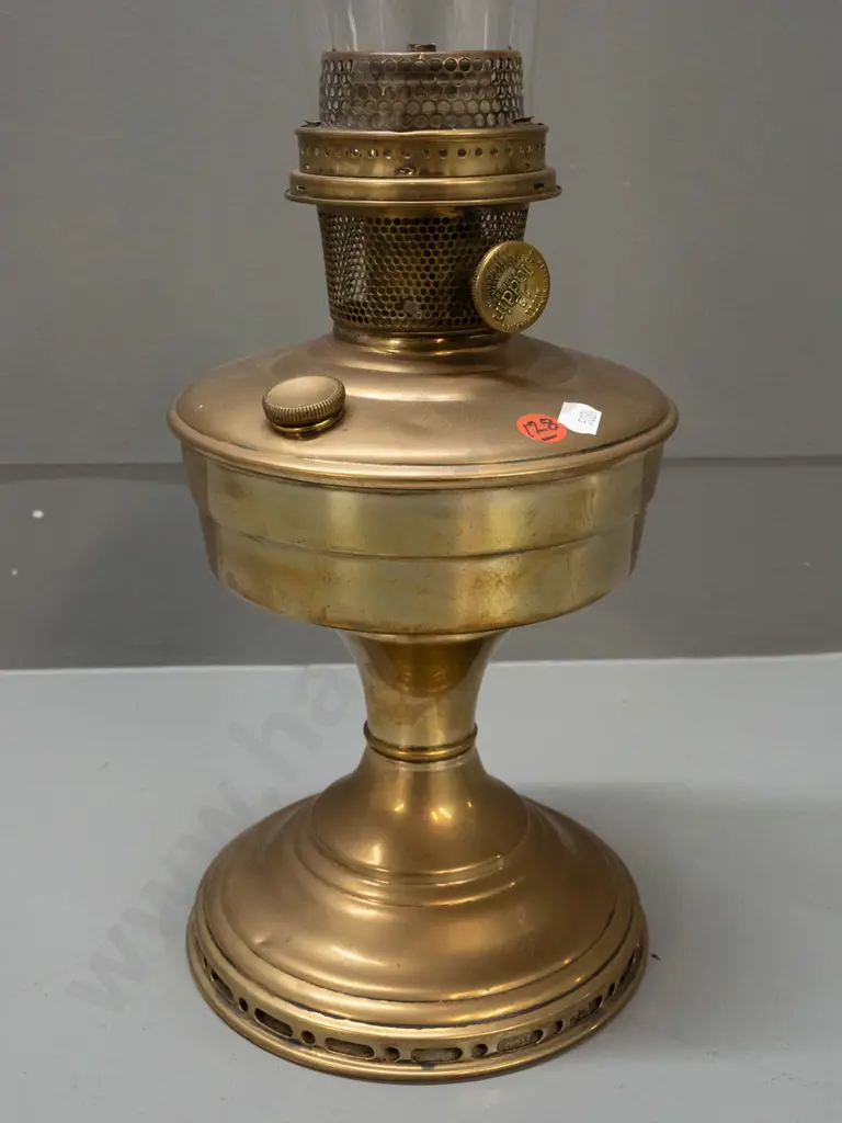 vintage polished brass kerosene table lamp - base and chimney marked Aladdin - base marked Made in Australia Image 1++
