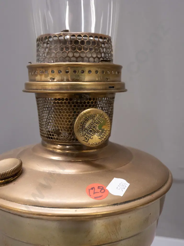 vintage polished brass kerosene table lamp - base and chimney marked Aladdin - base marked Made in Australia Image 1++