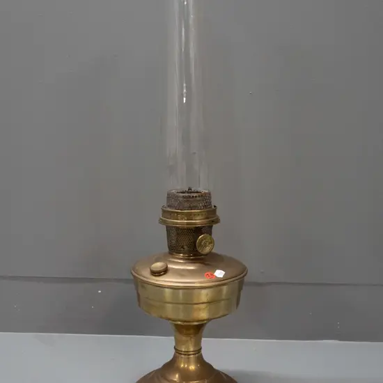 vintage polished brass kerosene table lamp - base and chimney marked Aladdin - base marked Made in Australia