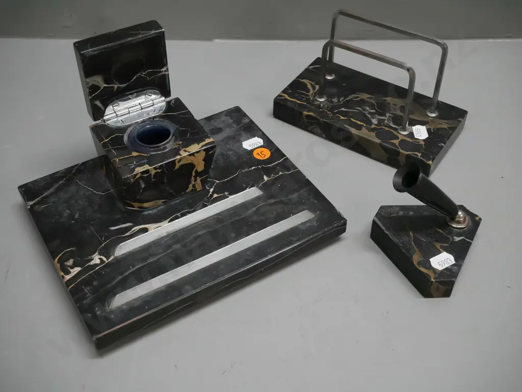 vintage Art Deco black marble desk set, pen holder & letter rack. Desk set L-200 [chip to pen holder, repairs to desk Image 1++