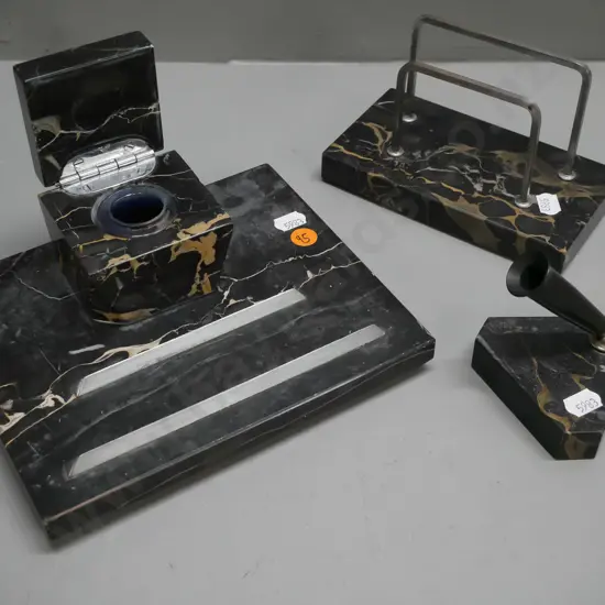vintage Art Deco black marble desk set, pen holder & letter rack. Desk set L-200 [chip to pen holder, repairs to desk