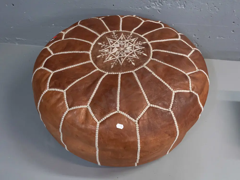 leather pouffe with hand stitched decoration, zip in bottom, geometric shaped panels - minor wear to stitching H-270 Image 1++