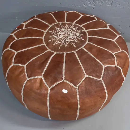 leather pouffe with hand stitched decoration, zip in bottom, geometric shaped panels - minor wear to stitching H-270