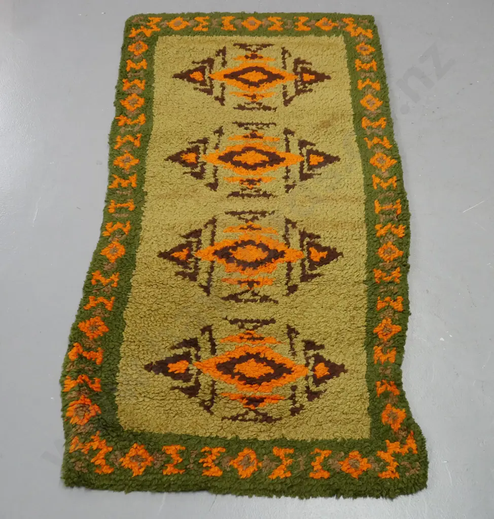 retro wool floor rug with geometric pattern in greens and orange - some staining and wear L-1370 W-700 Image 1++
