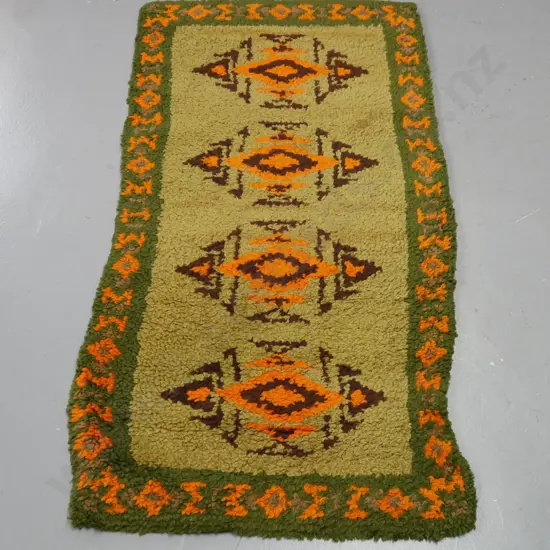 retro wool floor rug with geometric pattern in greens and orange - some staining and wear L-1370 W-700