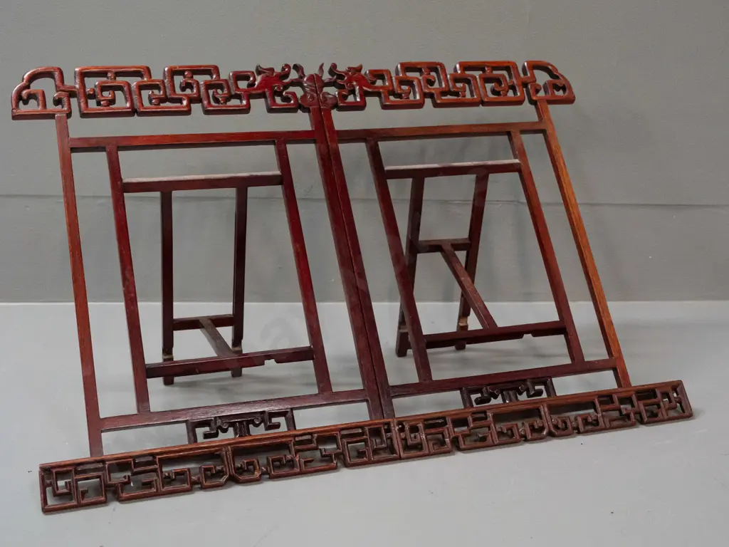 Chinese carved hardwood collapsible fold-out stand or easel with centre hinges, sliding back supports - some repairs in Image 1++
