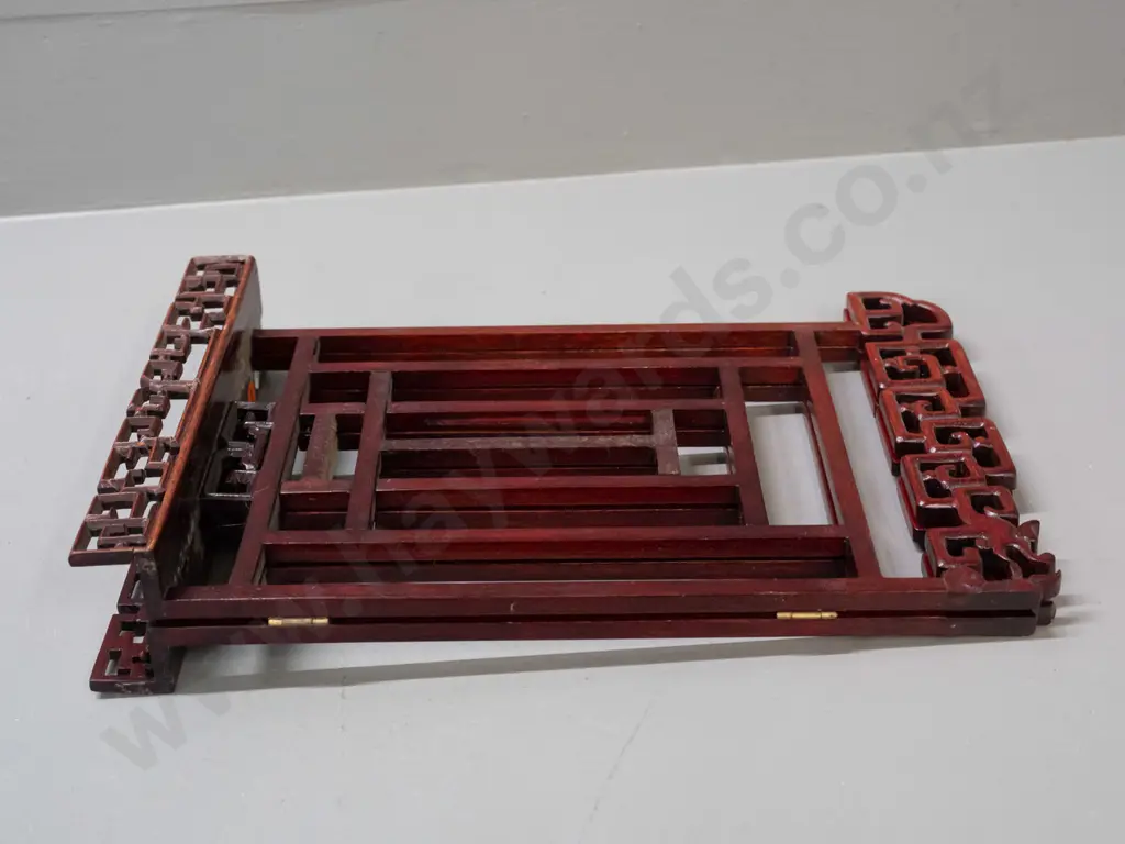 Chinese carved hardwood collapsible fold-out stand or easel with centre hinges, sliding back supports - some repairs in Image 1++