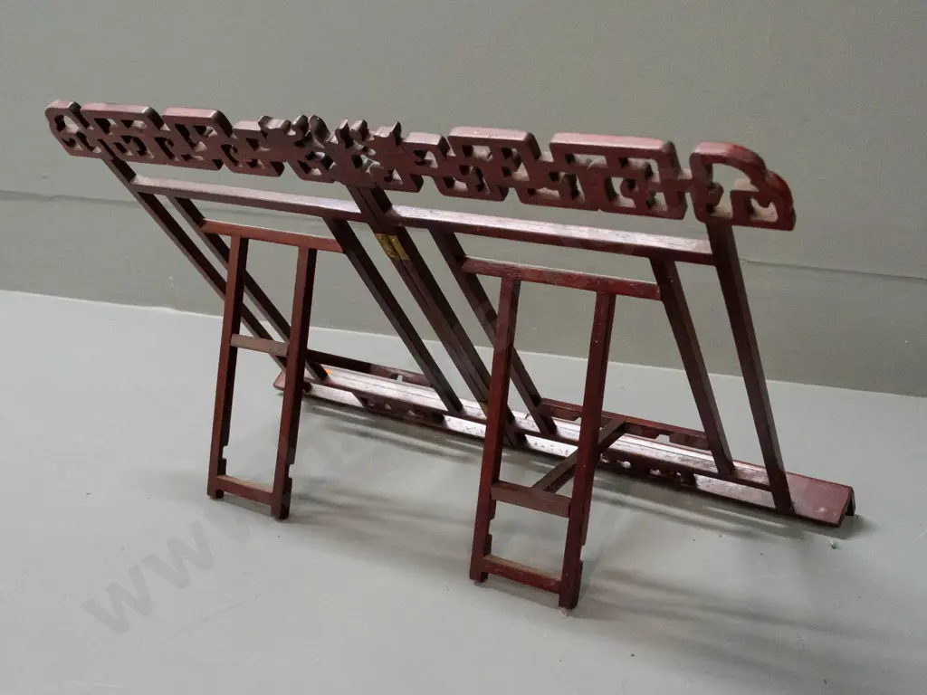 Chinese carved hardwood collapsible fold-out stand or easel with centre hinges, sliding back supports - some repairs in Image 1++