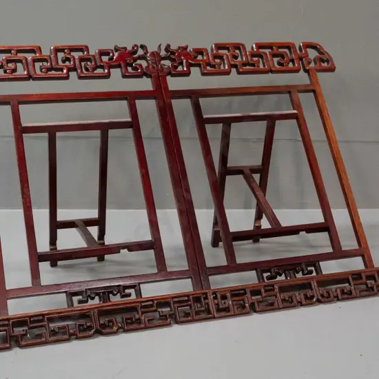 Chinese carved hardwood collapsible fold-out stand or easel with centre hinges, sliding back supports - some repairs in