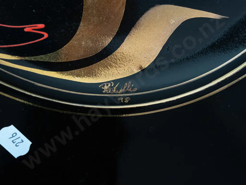 studio pottery wall charger - dark blue with swirling gilt and red enamel decoration - hard to read signature, dated '98 Image 1++