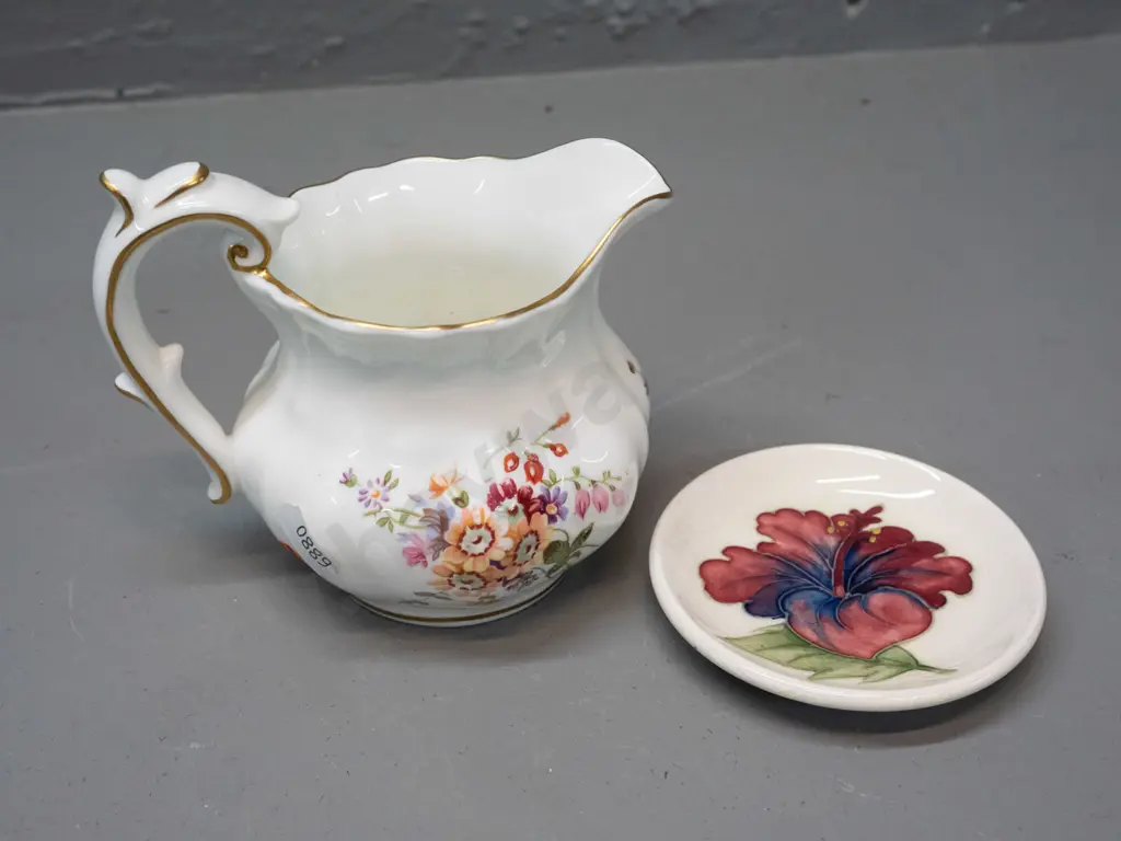 Moorcroft pin dish - some crazing - and a Royal Crown Derby posies jug with gilt decoration H-100 Image 1++