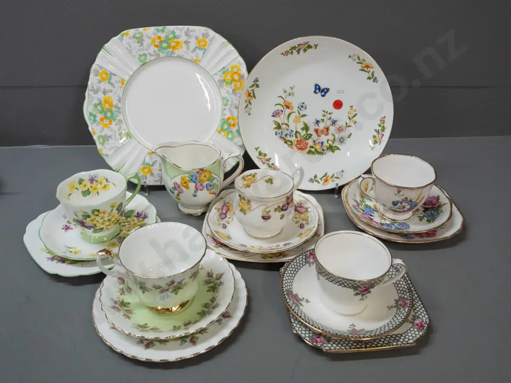 assorted patterns Royal Albert & Aynsley china - 2 cake plates, 5 trios and a cream jug Image 1++