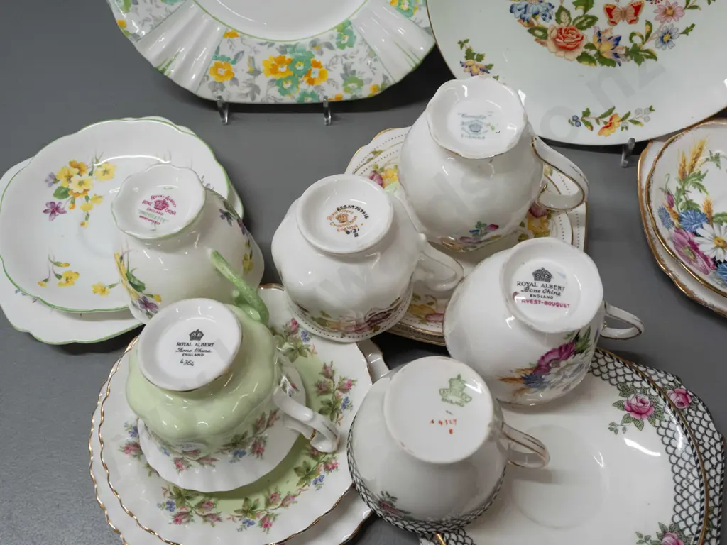 assorted patterns Royal Albert & Aynsley china - 2 cake plates, 5 trios and a cream jug Image 1++