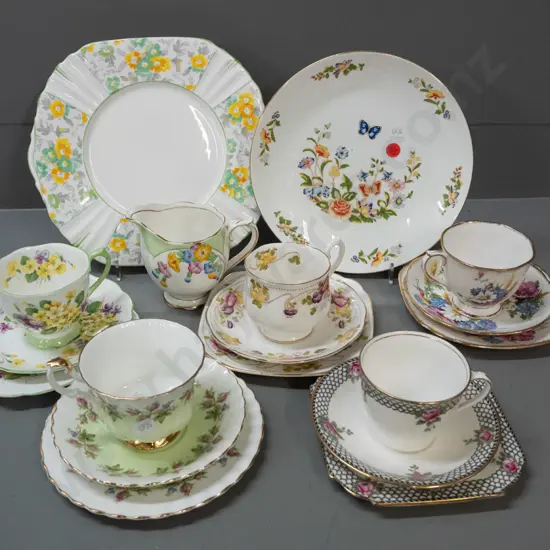 assorted patterns Royal Albert & Aynsley china - 2 cake plates, 5 trios and a cream jug