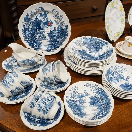 Ridgways blue & white assorted "Original Coaching Days" table ware 6 place with sauce boat - dinner plate D-250