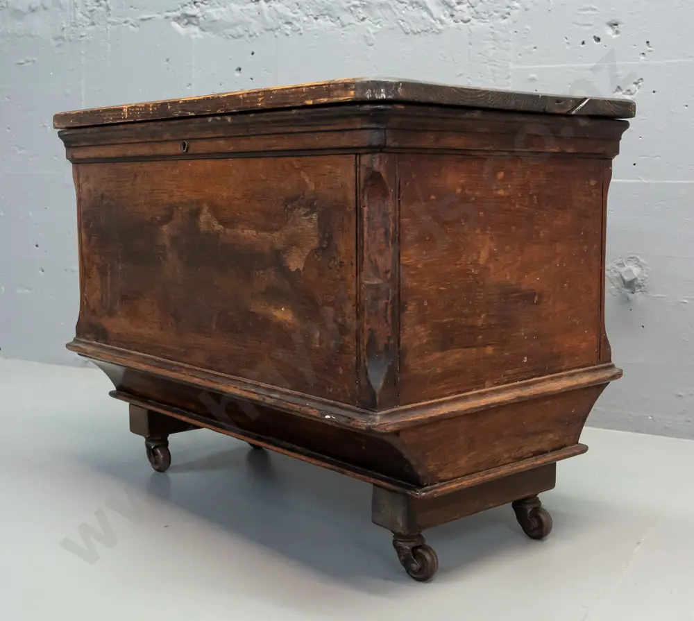 vintage folk art storage / work box on metal casters, repurposed from sewing machine case with added pine lid, original Image 1++