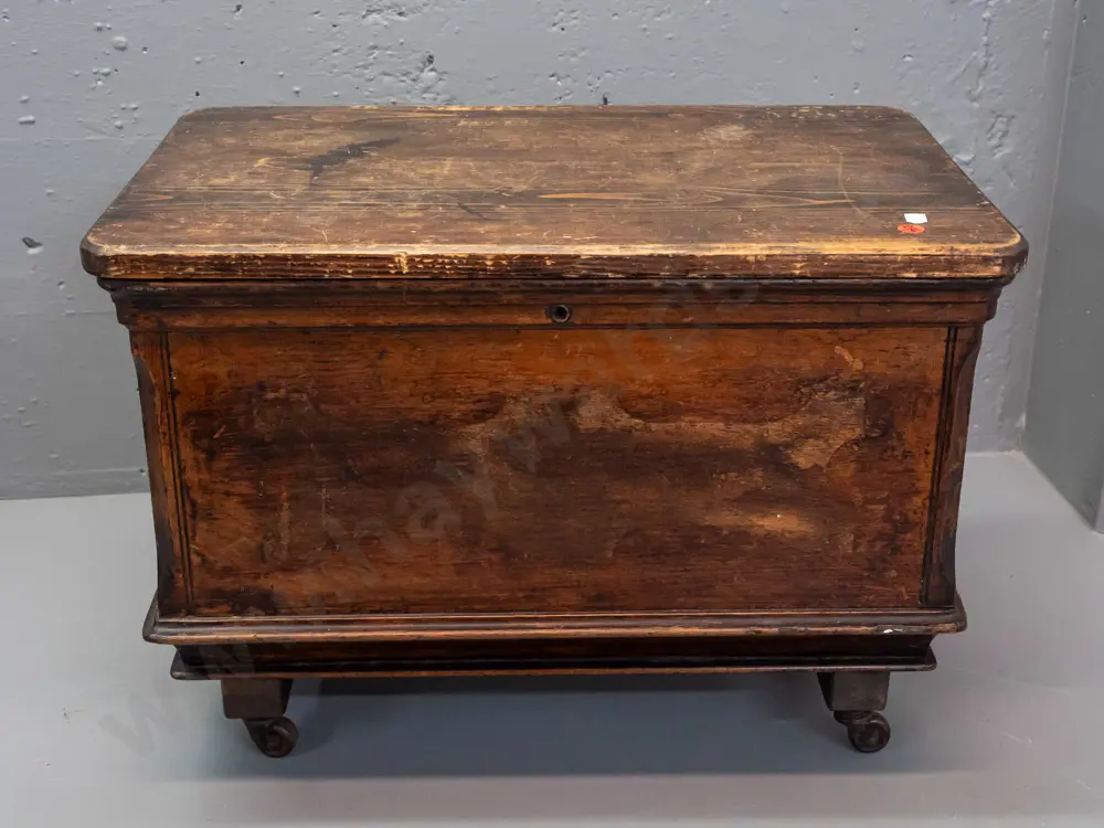 vintage folk art storage / work box on metal casters, repurposed from sewing machine case with added pine lid, original Image 1++