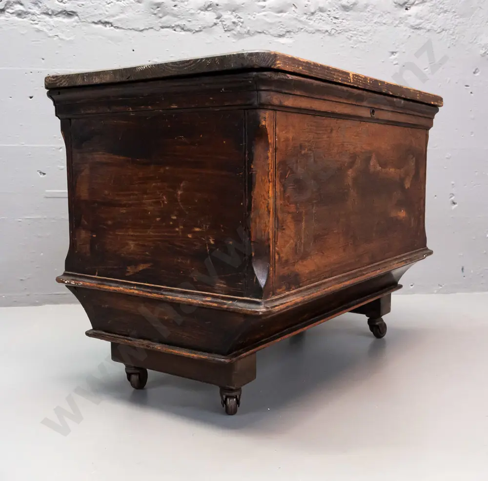 vintage folk art storage / work box on metal casters, repurposed from sewing machine case with added pine lid, original Image 1++