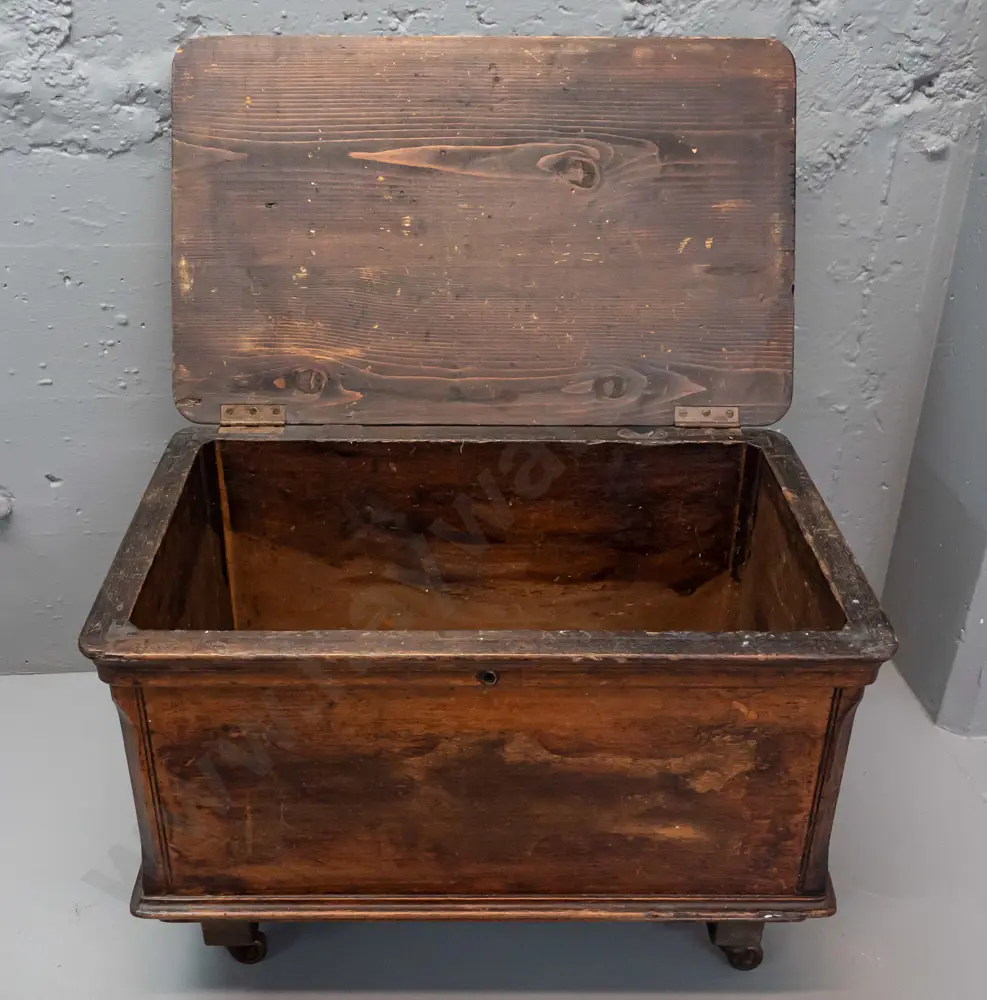 vintage folk art storage / work box on metal casters, repurposed from sewing machine case with added pine lid, original Image 1++
