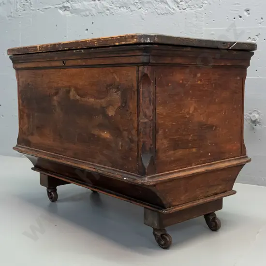 vintage folk art storage / work box on metal casters, repurposed from sewing machine case with added pine lid, original