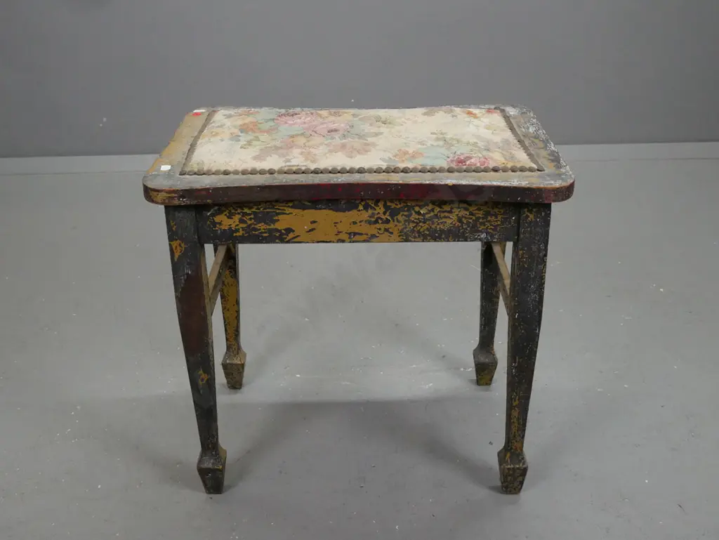 vintage small stool with square tapered legs on spade feet, distressed paint finish, upholstered seat with studs - Image 1++