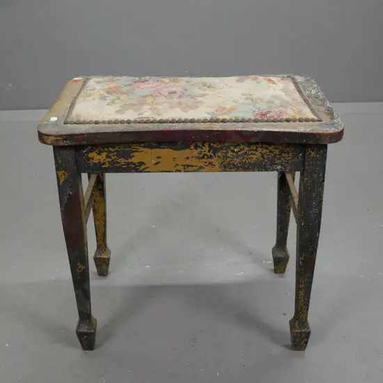 vintage small stool with square tapered legs on spade feet, distressed paint finish, upholstered seat with studs -