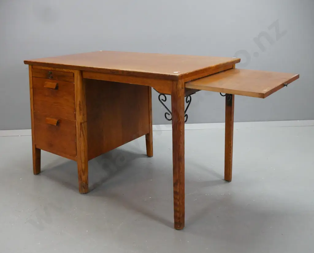 vintage oak single pedestal desk with slide on left side above shallow drawer, 2 large drawers, end slide, added wrought Image 1++