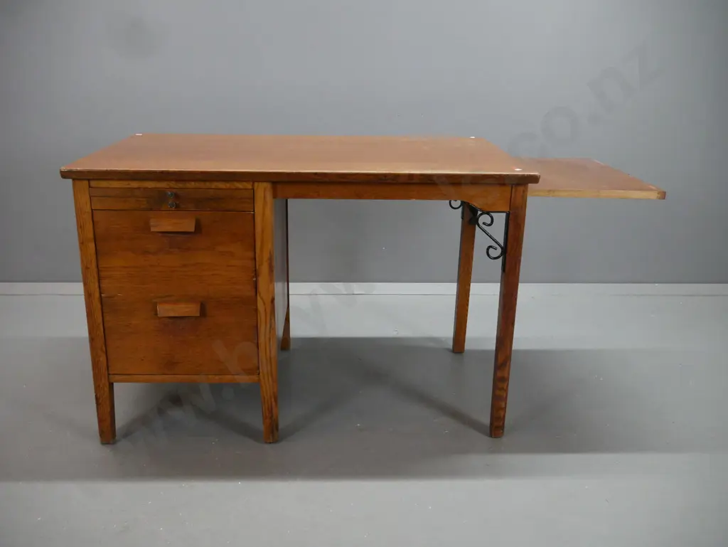 vintage oak single pedestal desk with slide on left side above shallow drawer, 2 large drawers, end slide, added wrought Image 1++