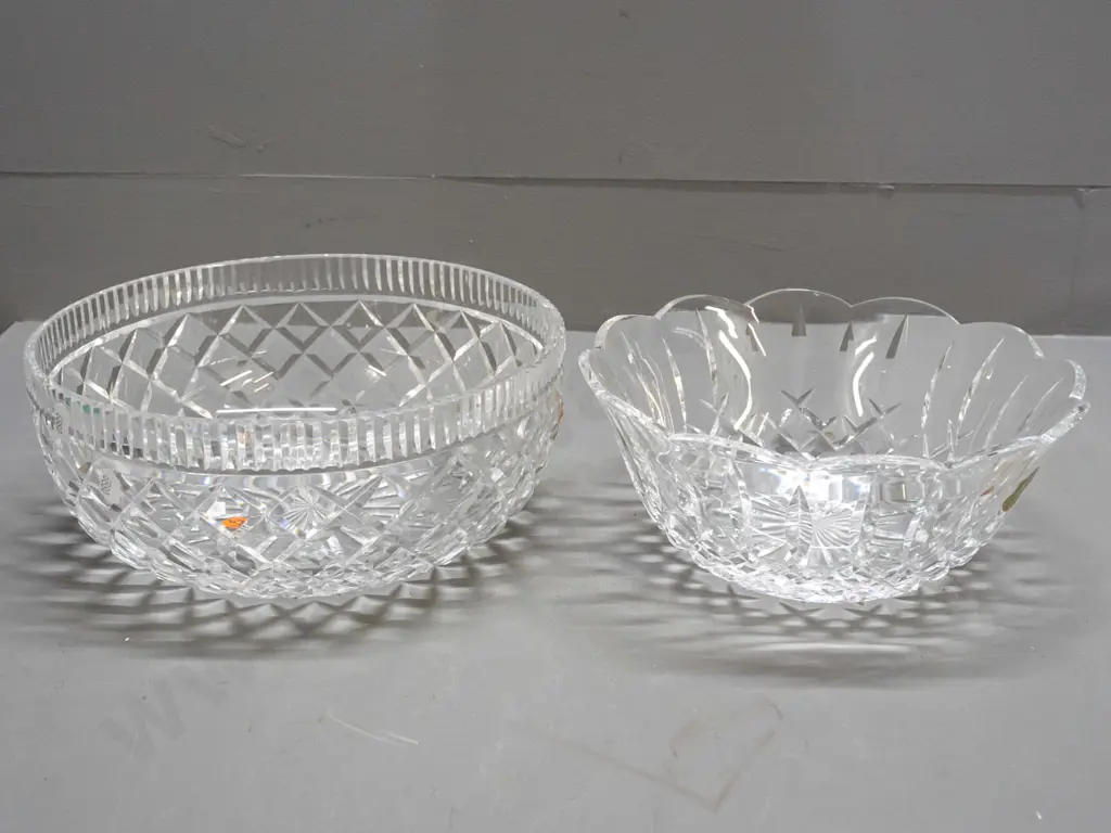 2 Waterford cut crystal bowl with remnant labels - smaller one has tiny chip to rim, larger is H-110 D-250 Image 1++