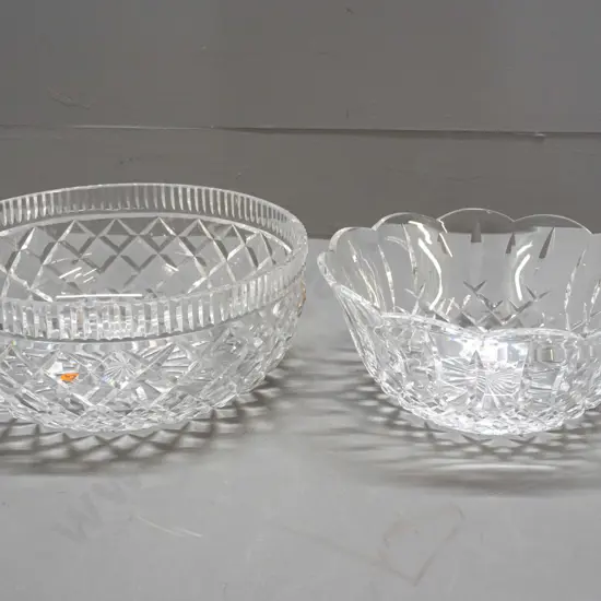 2 Waterford cut crystal bowl with remnant labels - smaller one has tiny chip to rim, larger is H-110 D-250