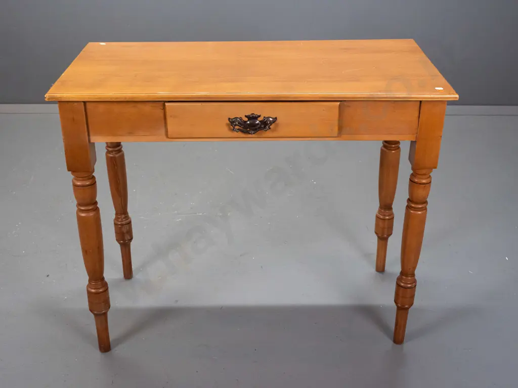 colonial kauri, rimu and beech-top turned-leg side table, single drawer with pressed metal handle - repaired split to Image 1++