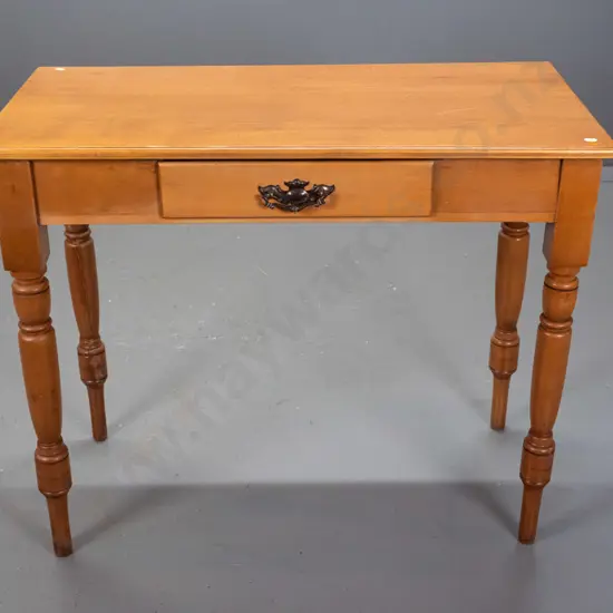 colonial kauri, rimu and beech-top turned-leg side table, single drawer with pressed metal handle - repaired split to