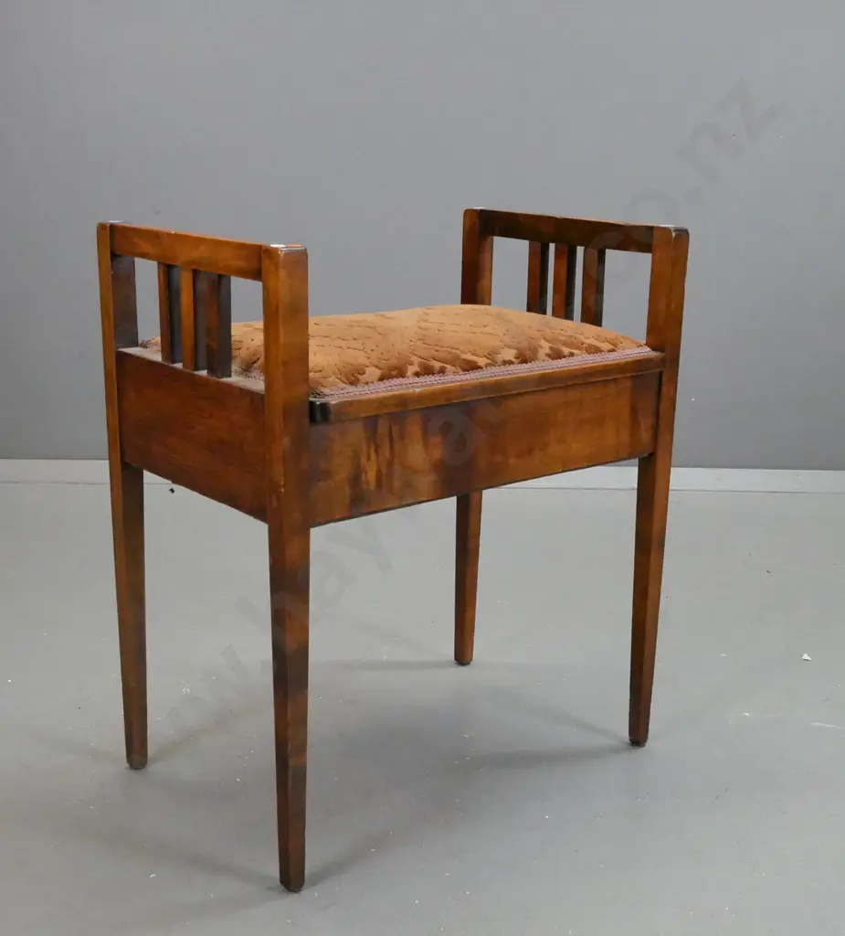 vintage beech piano stool with lift up storage seat, railed sides, plywood under seat has some borer, some screwed and Image 1++