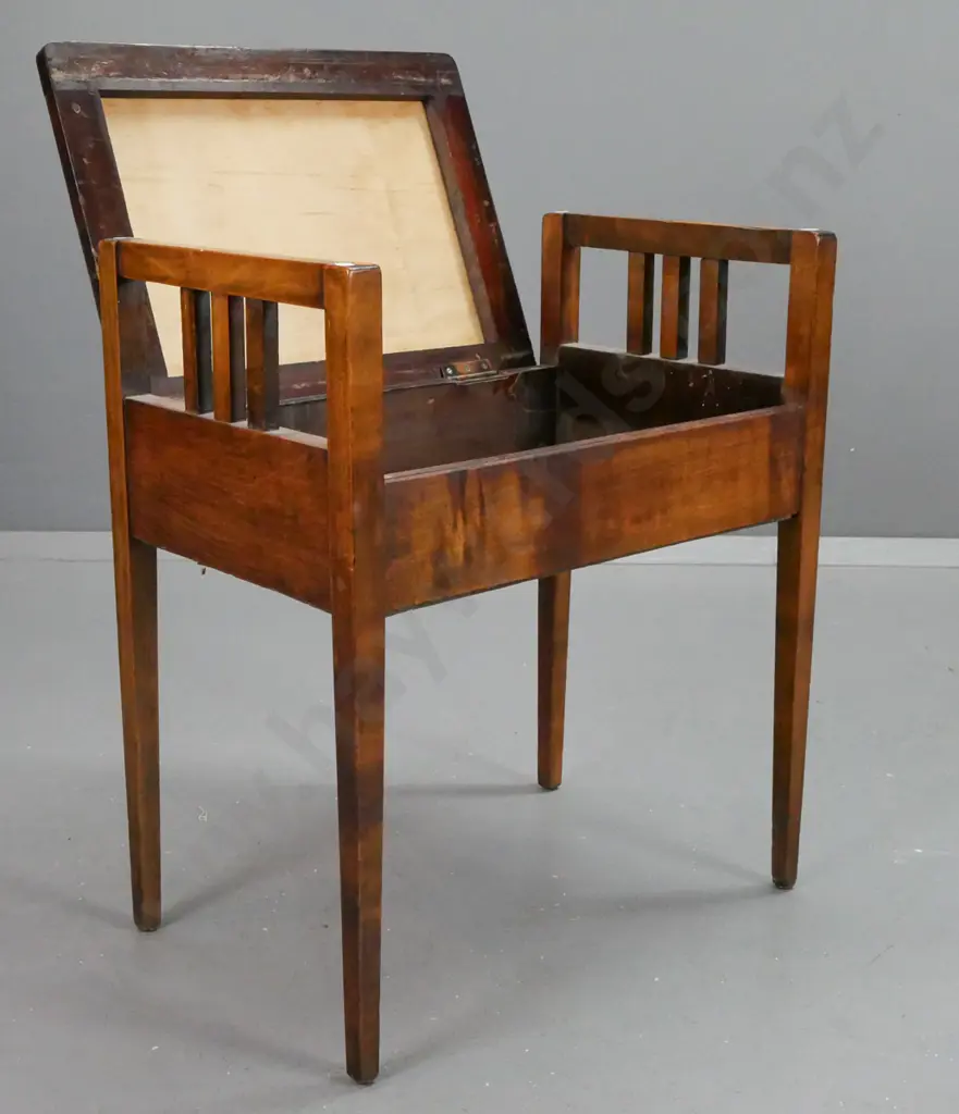 vintage beech piano stool with lift up storage seat, railed sides, plywood under seat has some borer, some screwed and Image 1++