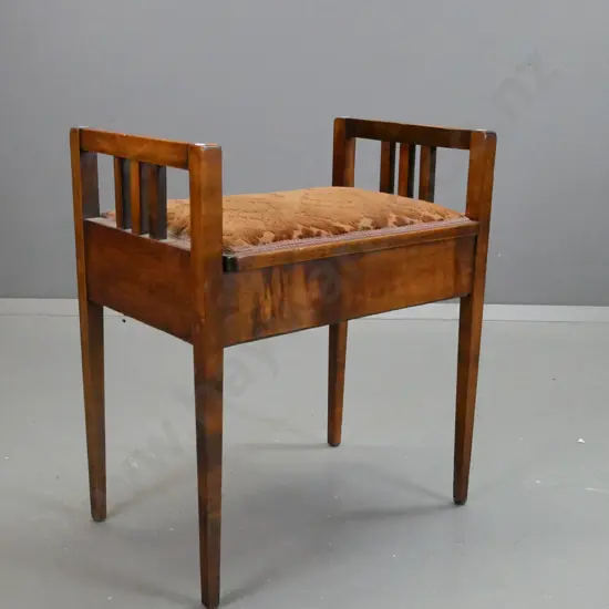 vintage beech piano stool with lift up storage seat, railed sides, plywood under seat has some borer, some screwed and