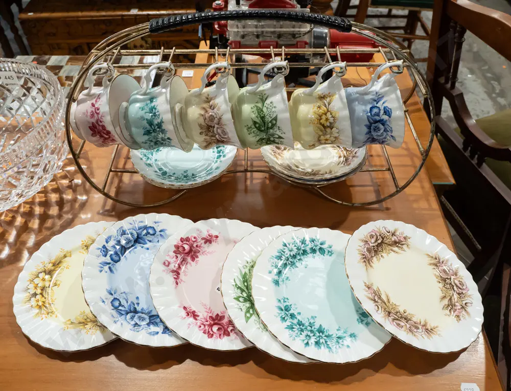 Royal Albert 'Melody' series trios 4x trios, 2x duos w/ wire rack. Wire rack H-230 L-430 Image 1++