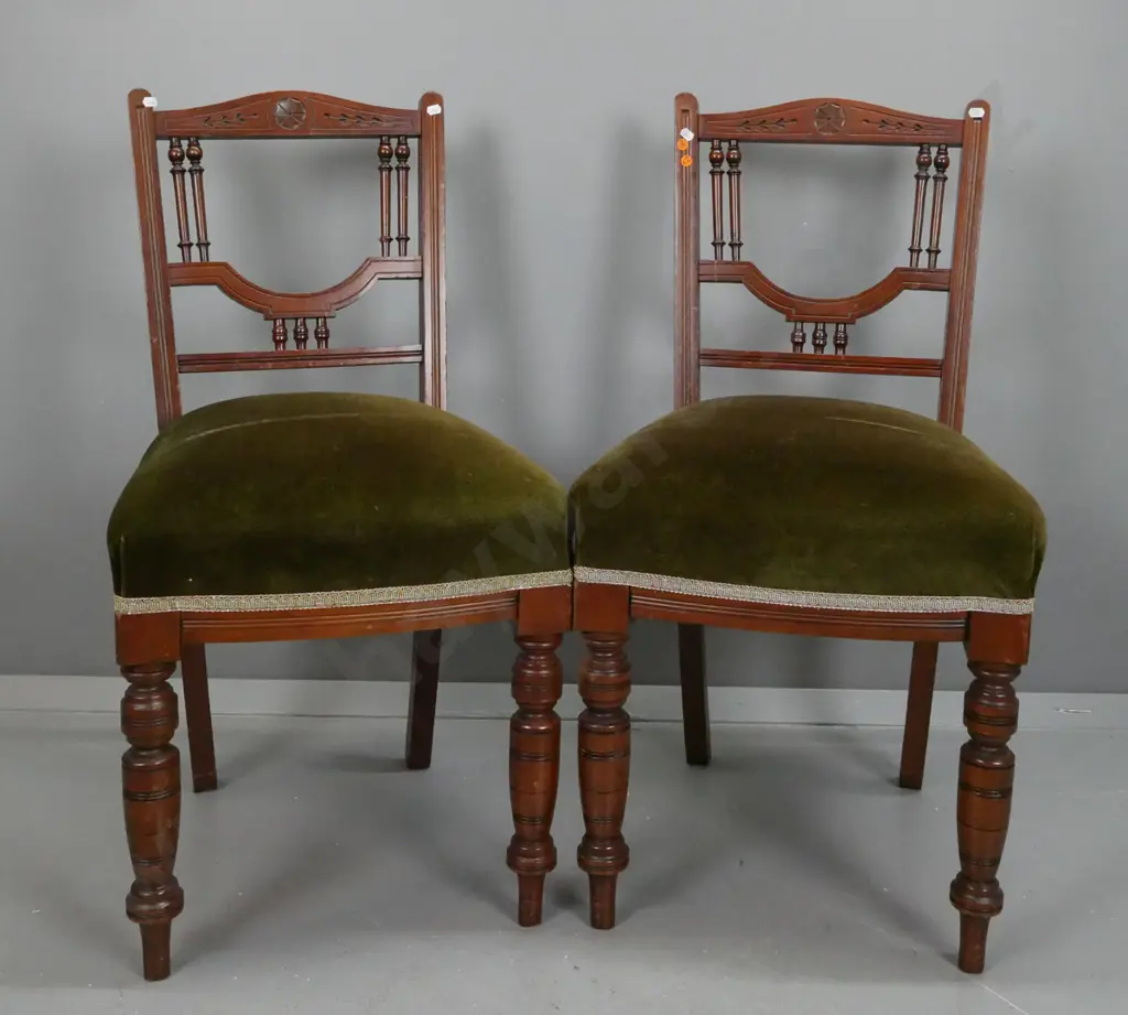 pair of Edwardian beech side chairs with carved & turned spindle back gallery and front legs - loose backs, Image 1++