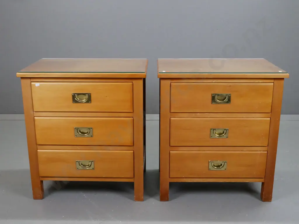 New Zealand made colonial style pair of 3 drawer bedside cabinets with brass inset campaign style handles, Image 1++