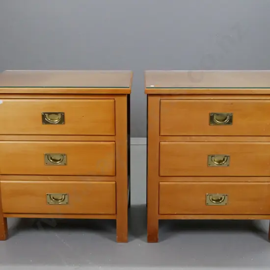 New Zealand made colonial style pair of 3 drawer bedside cabinets with brass inset campaign style handles,